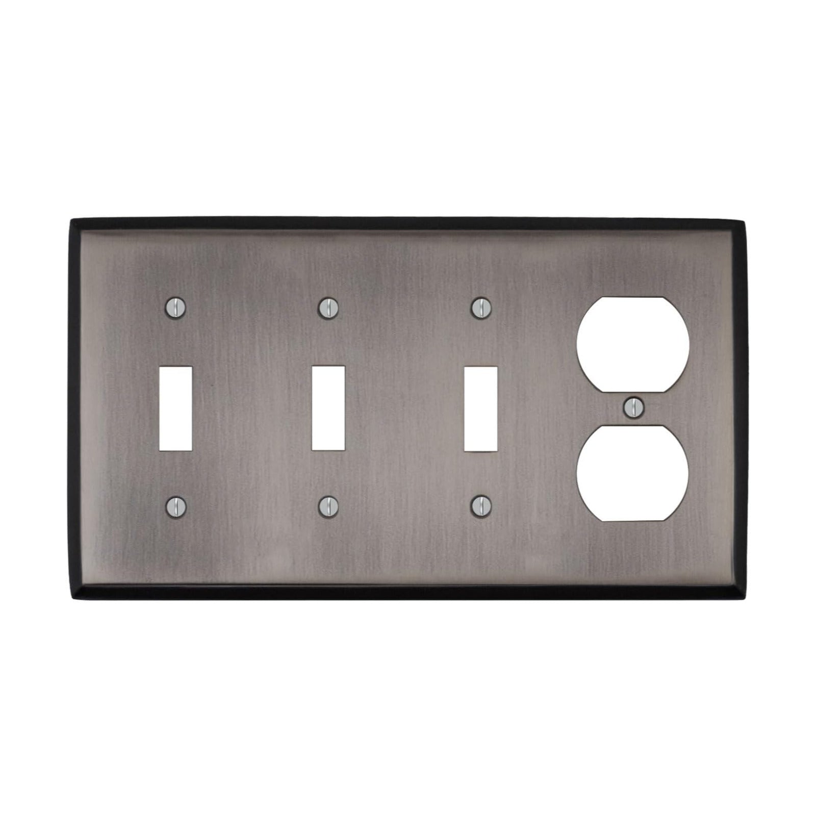 Antique Pewter Outlet Wall Plate | 3 Toggle - 1 Duplex | 8.25" x 4.5" | Hand-Polished Brass Construction | Electrical
