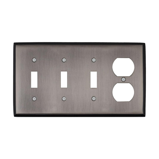 Antique Pewter Outlet Wall Plate | 3 Toggle - 1 Duplex | 8.25" x 4.5" | Hand-Polished Brass Construction | Electrical