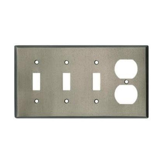 Distressed Antique Pewter Outlet Wall Plate | 3 Toggle - 1 Duplex | 8.25" x 4.5" | Hand-Polished Brass Construction