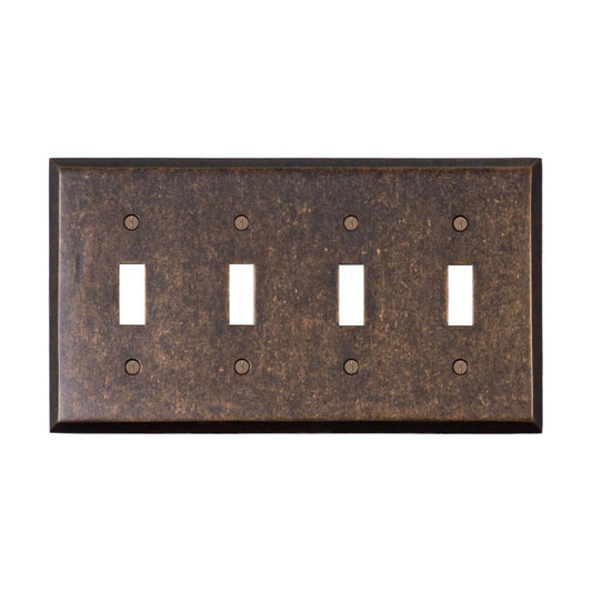 Quad Light Switch Plate GFCI Wall Plate Outlet Cover | 4 Toggle Mottled Antique Brass Electrical Faceplate | Hand