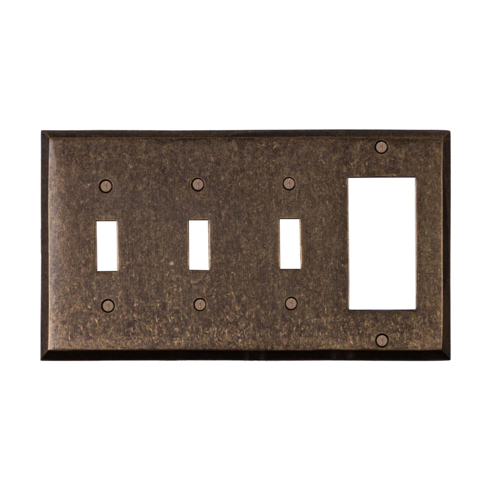 Triple Light Switch Plate Outlet Cover GFCI Wall Plate | 3 Toggle - 1 Rocker Mottled Antique Brass Electrical Faceplate