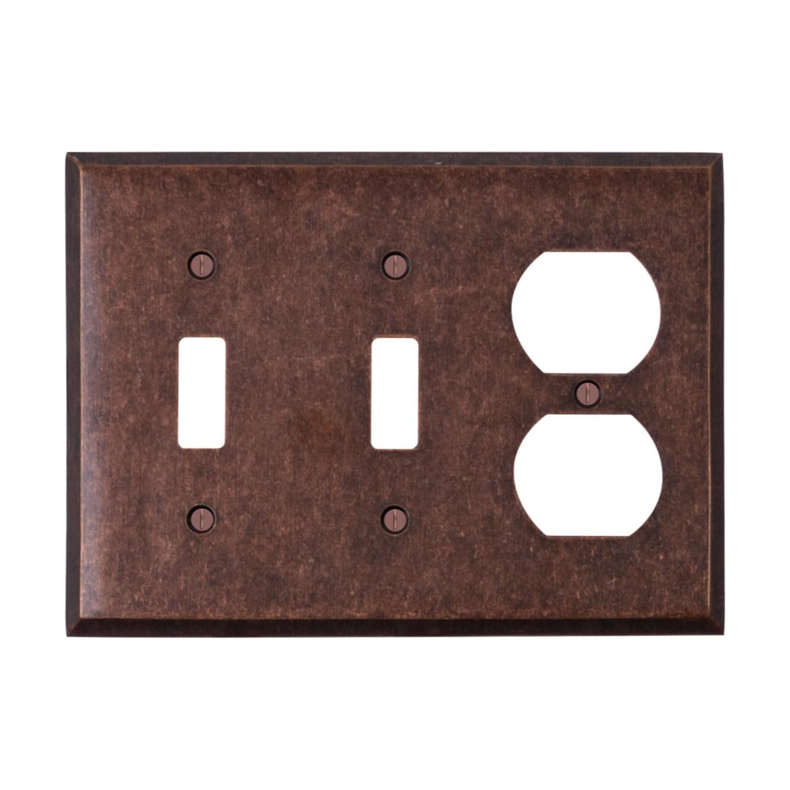 Mottled Antique Copper Outlet Wall Plate | 2 Toggle - 1 Duplex | 6.25" x 4.5" | Hand-Polished Brass Construction