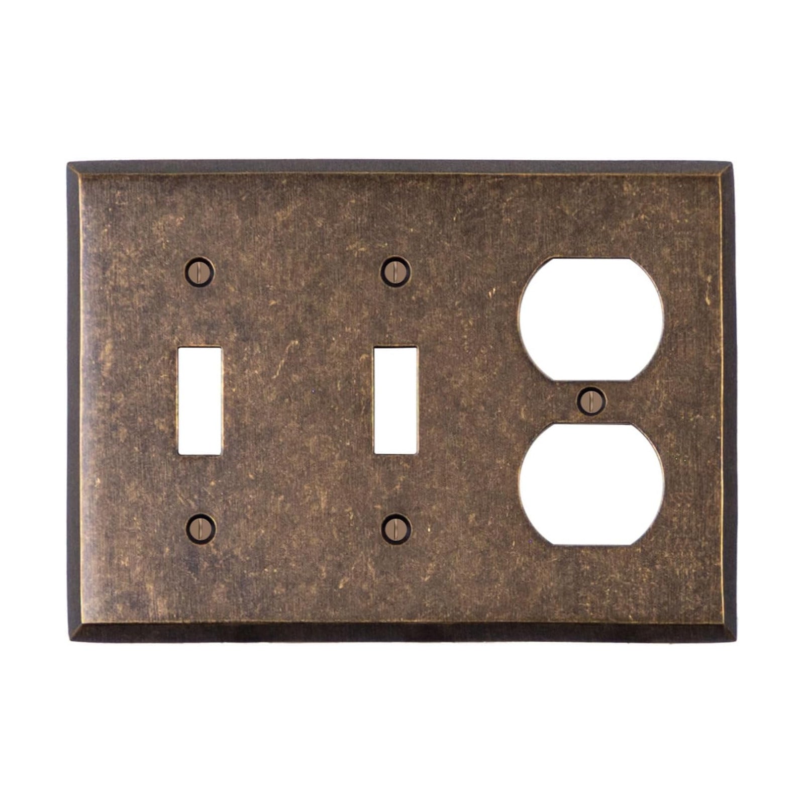 Double Light Switch Plate Outlet Cover GFCI Wall Plate | 2 Toggle - 1 Duplex Mottled Antique Brass Electrical Faceplate