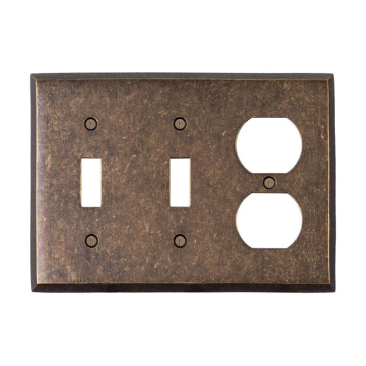 Double Light Switch Plate Outlet Cover GFCI Wall Plate | 2 Toggle - 1 Duplex Mottled Antique Brass Electrical Faceplate