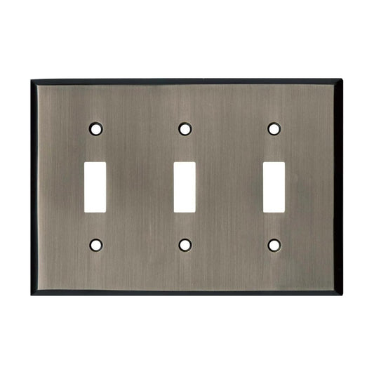 Antique Pewter Outlet Wall Plate | 3 Toggle | 6.25" x 4.5" | Hand-Polished Brass Construction | Electrical Switch Plate