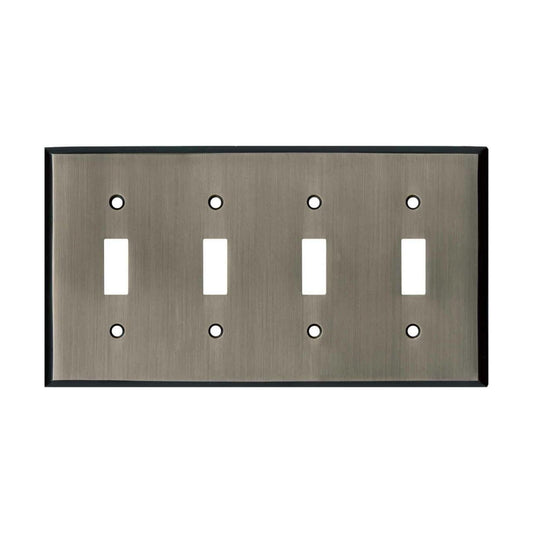Antique Pewter Outlet Wall Plate | 4 Toggle | 8.25" x 4.5" | Hand-Polished Brass Construction | Electrical Switch Plate