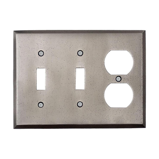Distressed Antique Pewter Outlet Wall Plate | 2 Toggle - 1 Duplex | 6.25" x 4.5" | Hand-Polished Brass Construction