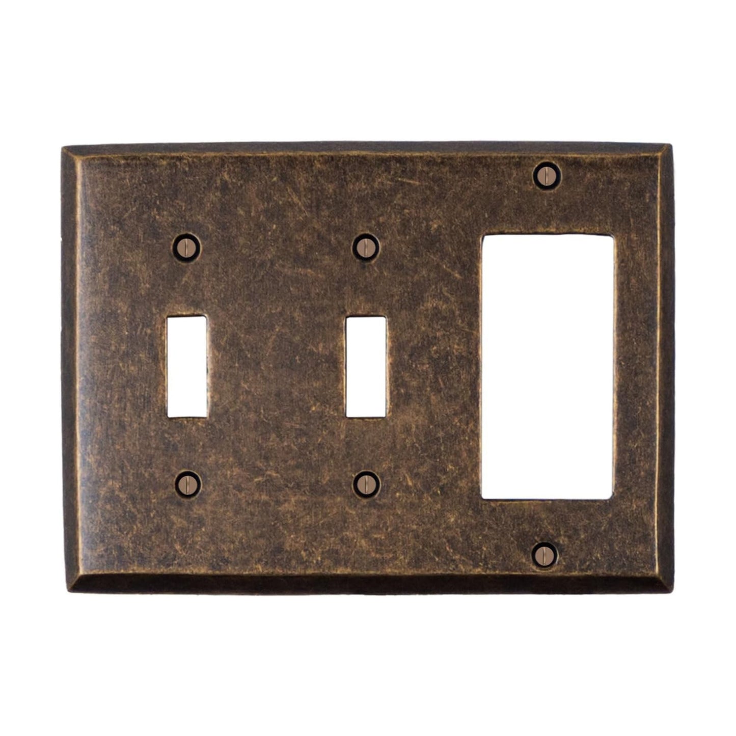 Double Light Switch Plate Outlet Cover GFCI Wall Plate | 2 Toggle - 1 Rocker Mottled Antique Brass Electrical Faceplate