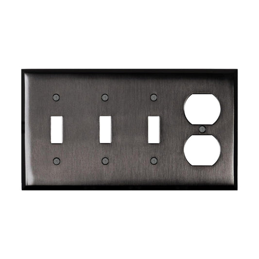 Satin Nickel Black Outlet Wall Plate | 3 Toggle - 1 Duplex | 8.25" x 4.5" | Hand-Polished Brass Construction