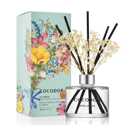 COCODOR Flower Reed Diffuser Set / 6.7oz / /Scent Diffuser / White Jasmine / Real Flower/6.7ounce/