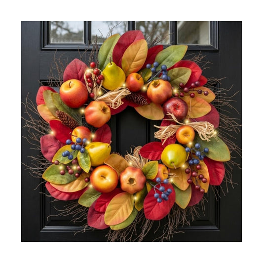 Valery Madelyn 24'' Collapsible Pre-Lit Fruits Fall Wreath for Front Door