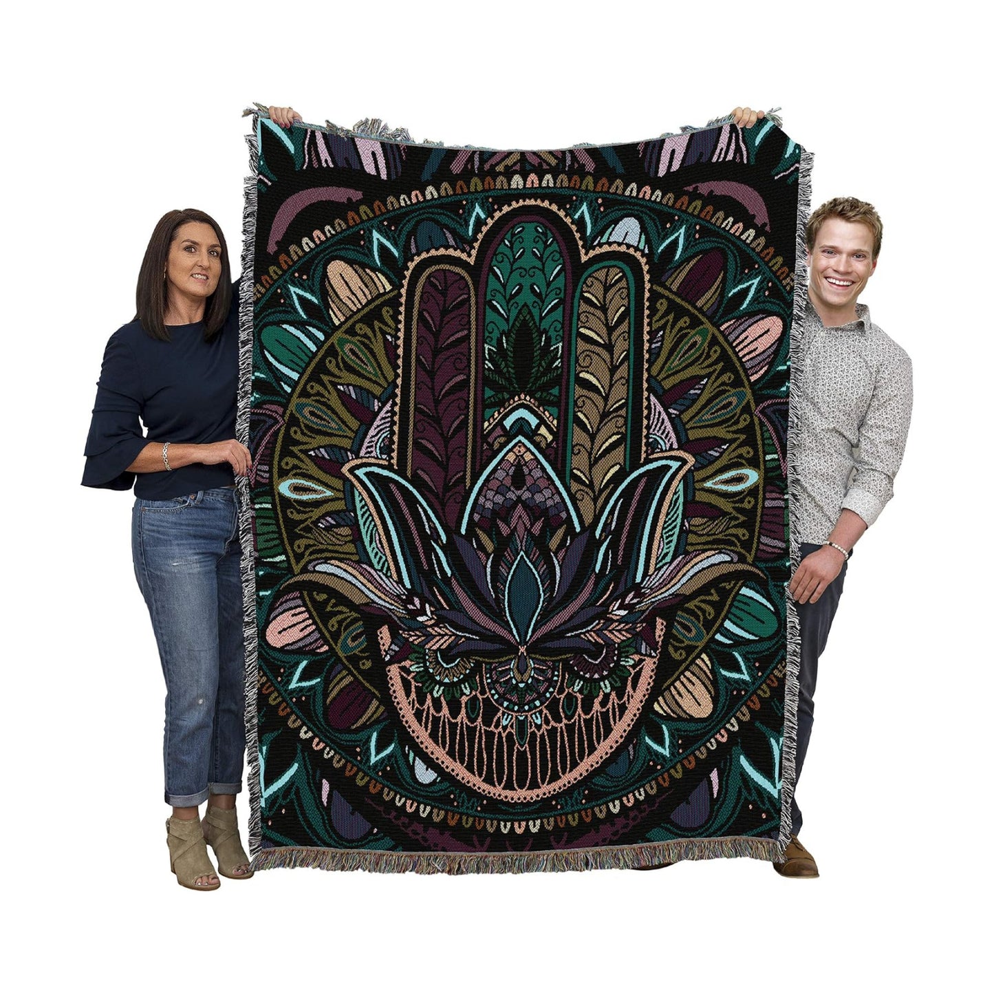 Arabic Middle East Gift Tapestry Throw Woven from Cotton / 72 x 54 / Flowering Hamsa