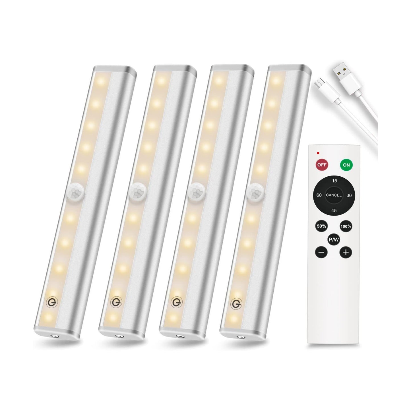 Under Cabinet Lighting with Remote, 3 Color Temps,4 Pcs | Wireless Rechargeable, 20-LED Dimmable, 10 Level Brightness