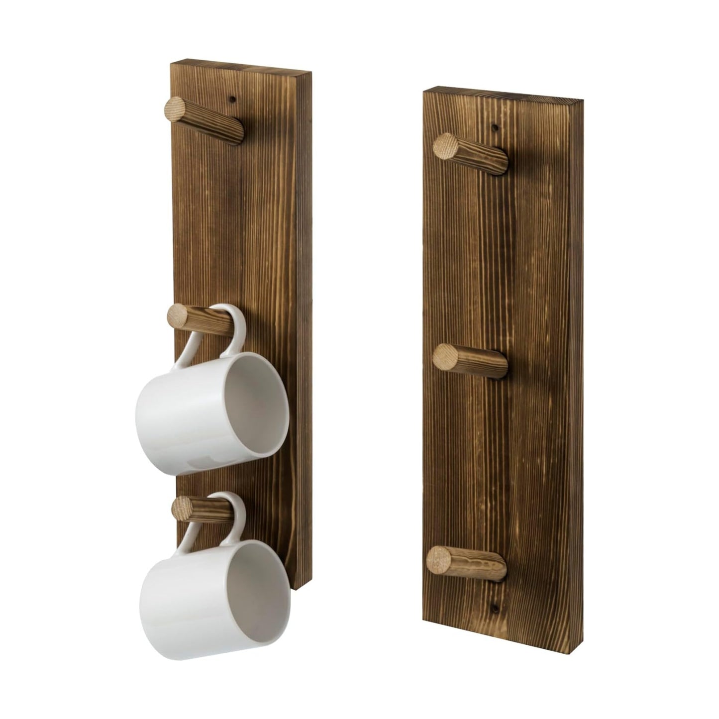 MyGift Wall Mounted Wooden Mug Rack - 3 Hook Rustic Burnt Wood Teacup Mug Storage Organizer, Set of 2