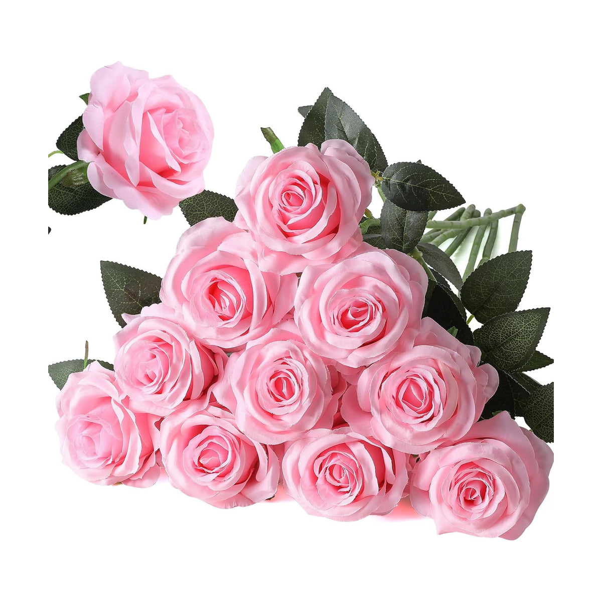 10pcs Pink Roses Artificial Flowers, Realistic Faux Rose with Long Stem