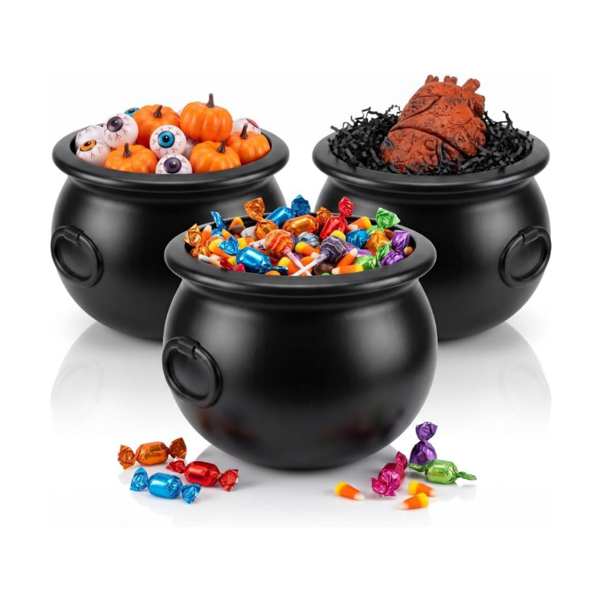 PMU Halloween Cauldron 3pc- 12" Witch Plastic Cauldron bowl Black