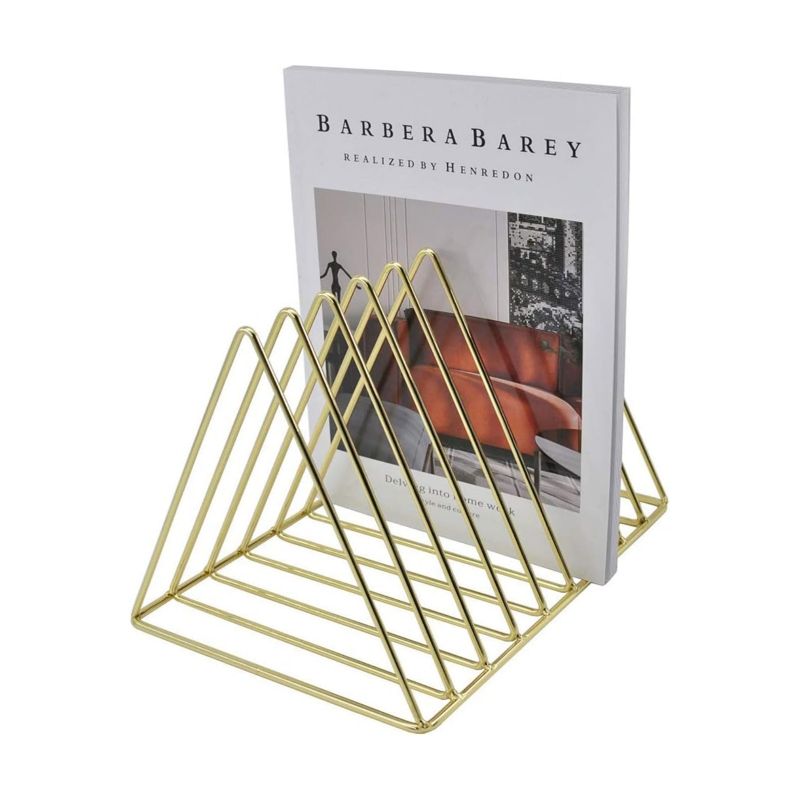 Gold File Holder Organizer, Triangle Record Album Holder Magazine Wire Rack, 9 Slot Multifunction Desktop Storage Decor