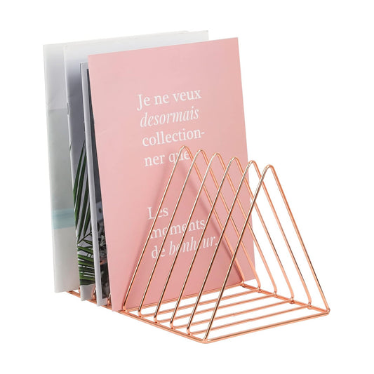 Rose Gold Magazine Holder, Desktop File Sorter Organizer Triangle 9 Slot Newspaper Record Storage Shelf Rack for Home