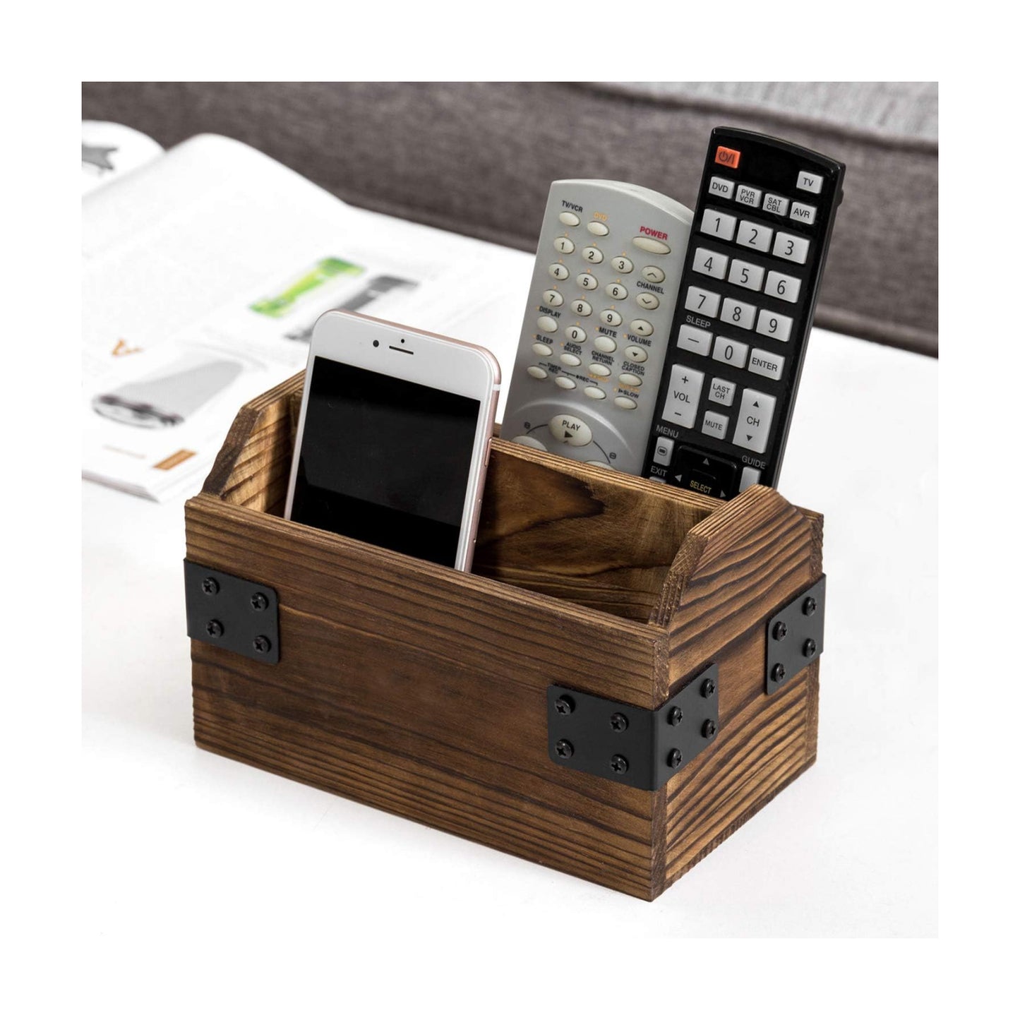 Wood TV Remote Control Holder / Burnt Wood / Black