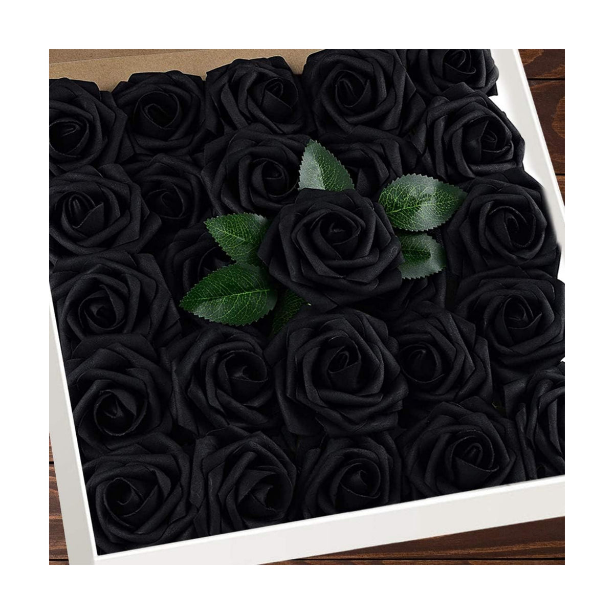 Higfra Artificial Flowers 25pcs Real Looking Black Foam Fake Roses with Stems for DIY Wedding Bouquets White Bridal Shower Centerpieces Arrangements Mothers Day Party Tables Decorations