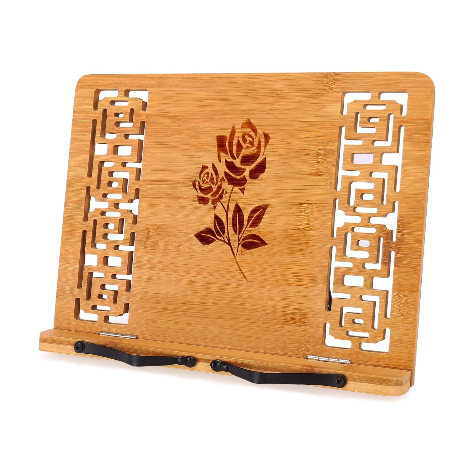 MEGREZ Foldable Bamboo Book Stand Adjustable Cookbook Reading Holder | anti-slip, lightweight, foldable flat storage