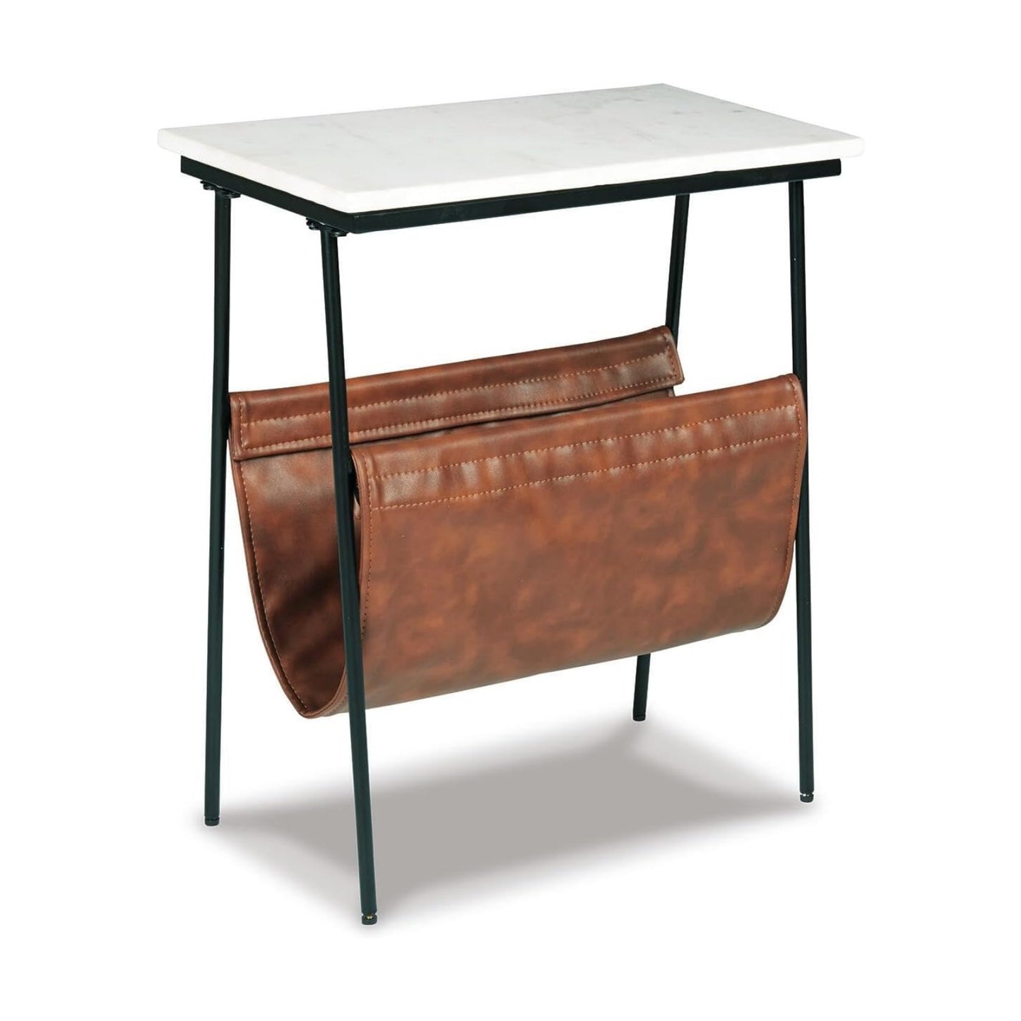 Signature Design by Ashley Marble End Table with Magazine Holder, Etanbury | Genuine white marble top, Brown faux