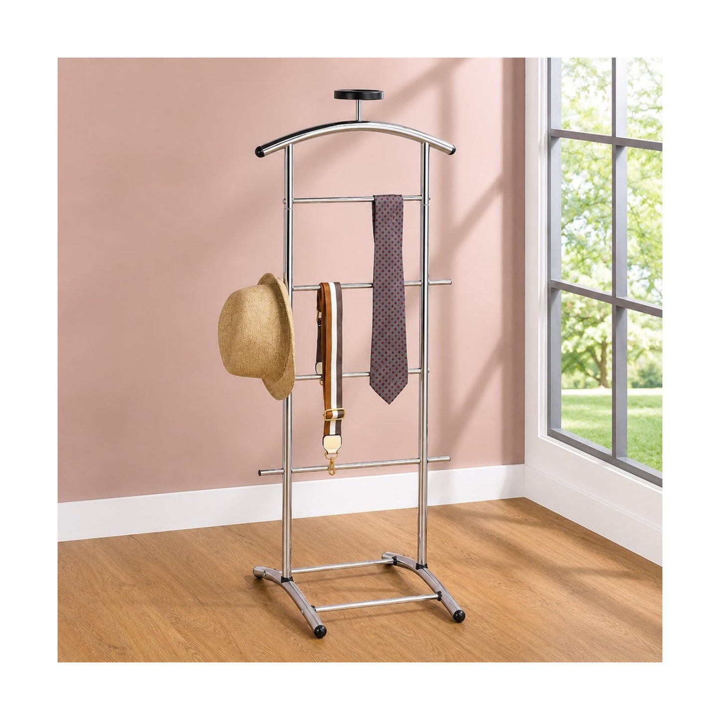 Kings Brand Freestanding Metal Suit Valet Stand with Tie Bar, Chrome | Complete Clothing Organizer with Hanger, Trouser