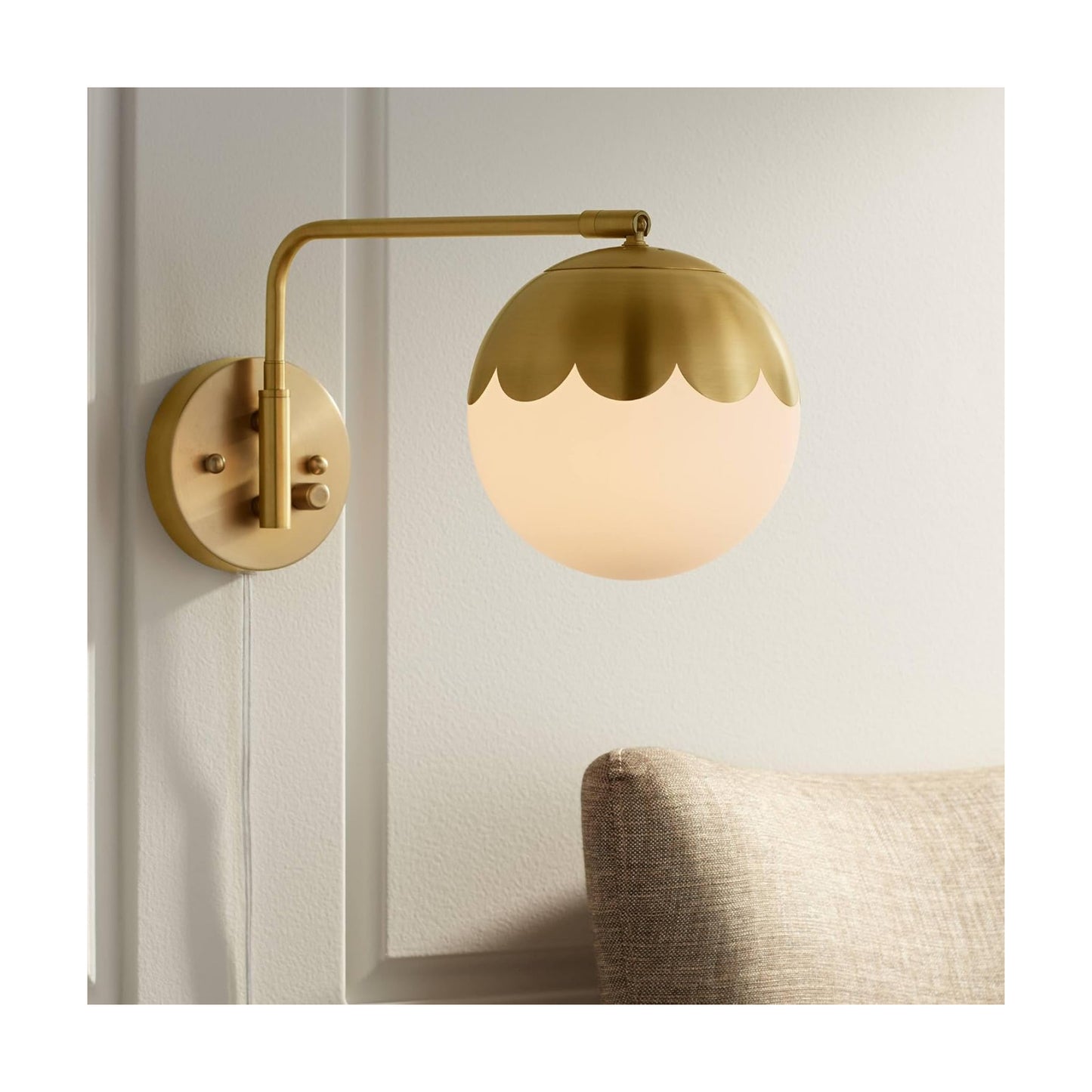 Camila 8 1/4" Brass and Glass Globe Plug-In Modern Wall Lamp Light Fixture | Indoor Swing Arm Antique Metal Dimmable