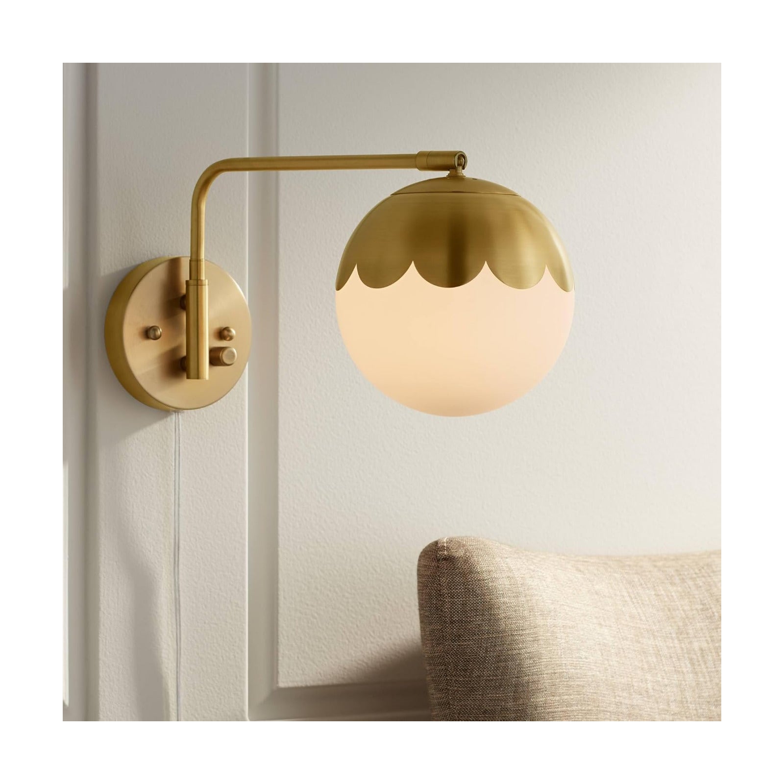 Camila 8 1/4" Brass and Glass Globe Plug-In Modern Wall Lamp Light Fixture | Indoor Swing Arm Antique Metal Dimmable
