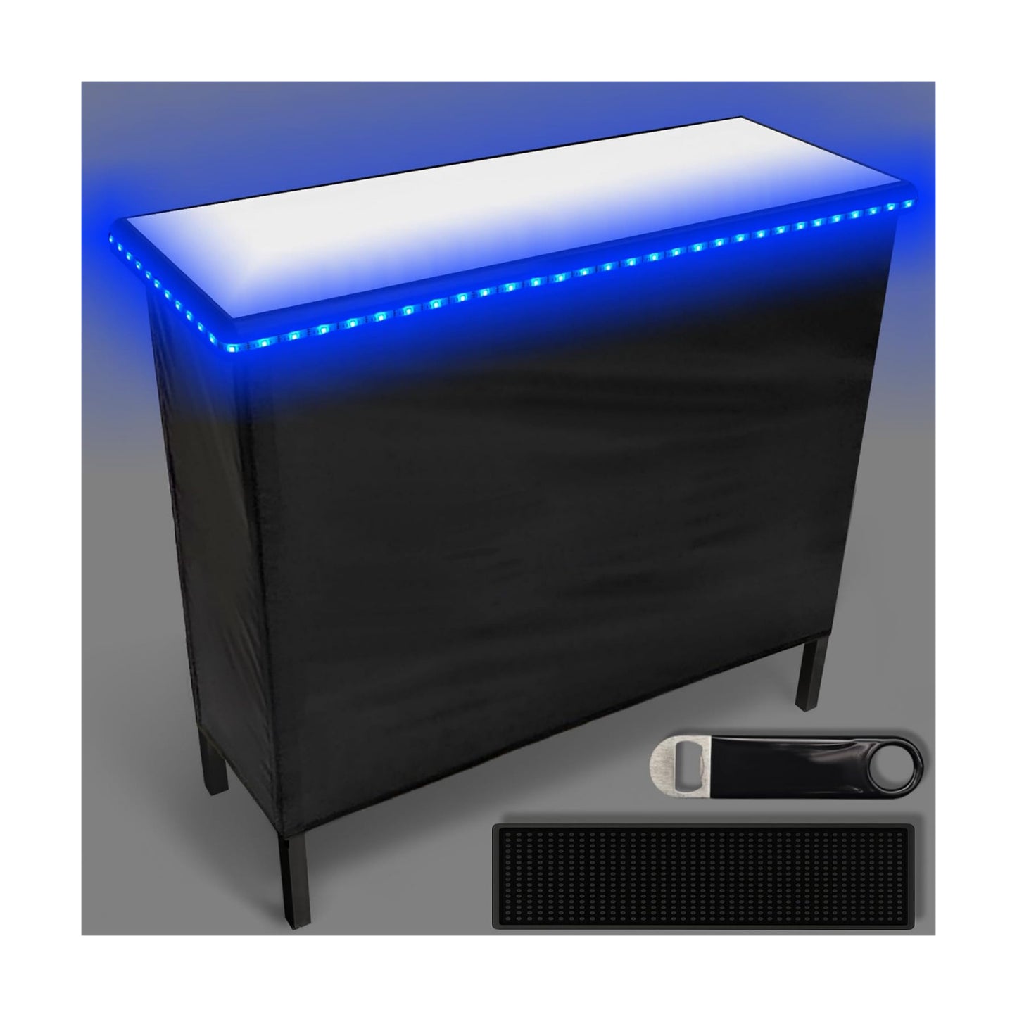 PartyLife NEW & Improved Portable Bar Table w/LED Lights, Folding Steel Legs, 2 Bar Skirts, Supportive Storage Shelf &