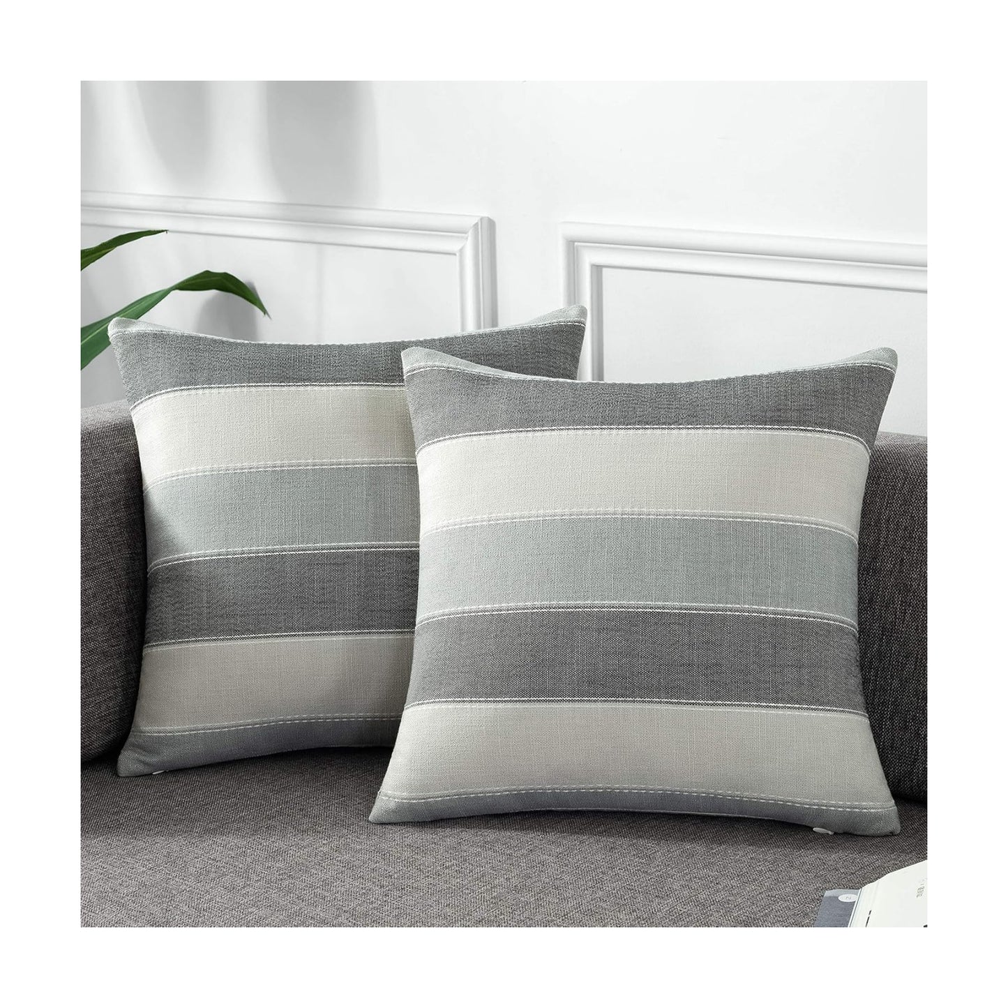 Farmhouse Stripe Check Throw Pillow Covers Set Case Cotton / 18 x 18 / Dark Gray Beige / Set of 2