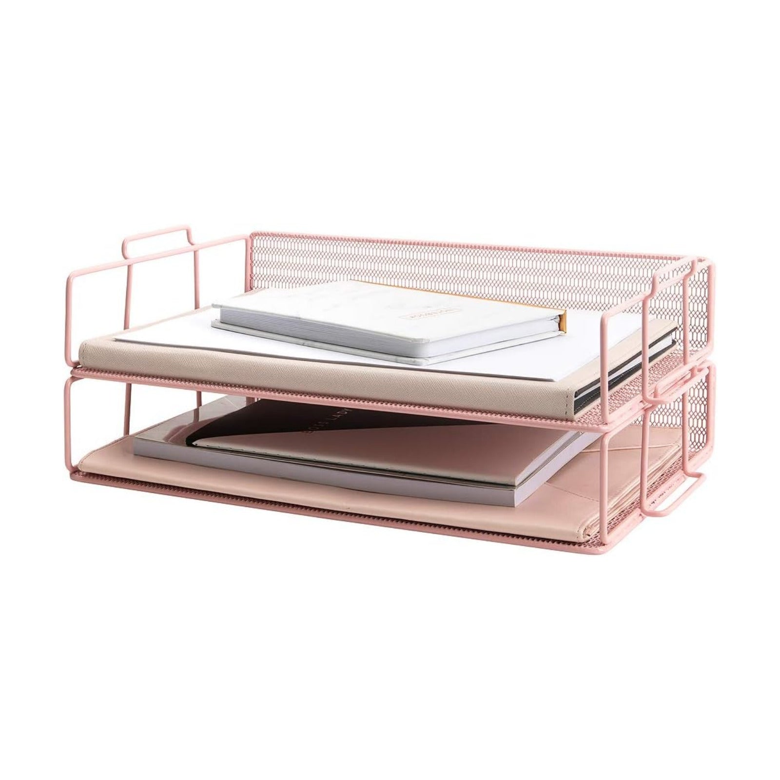 BLU MONACO | Paper Tray Stackable Pink Mesh Set of 2 | Stackable File Trays for Desk Organization | Tiered Desk
