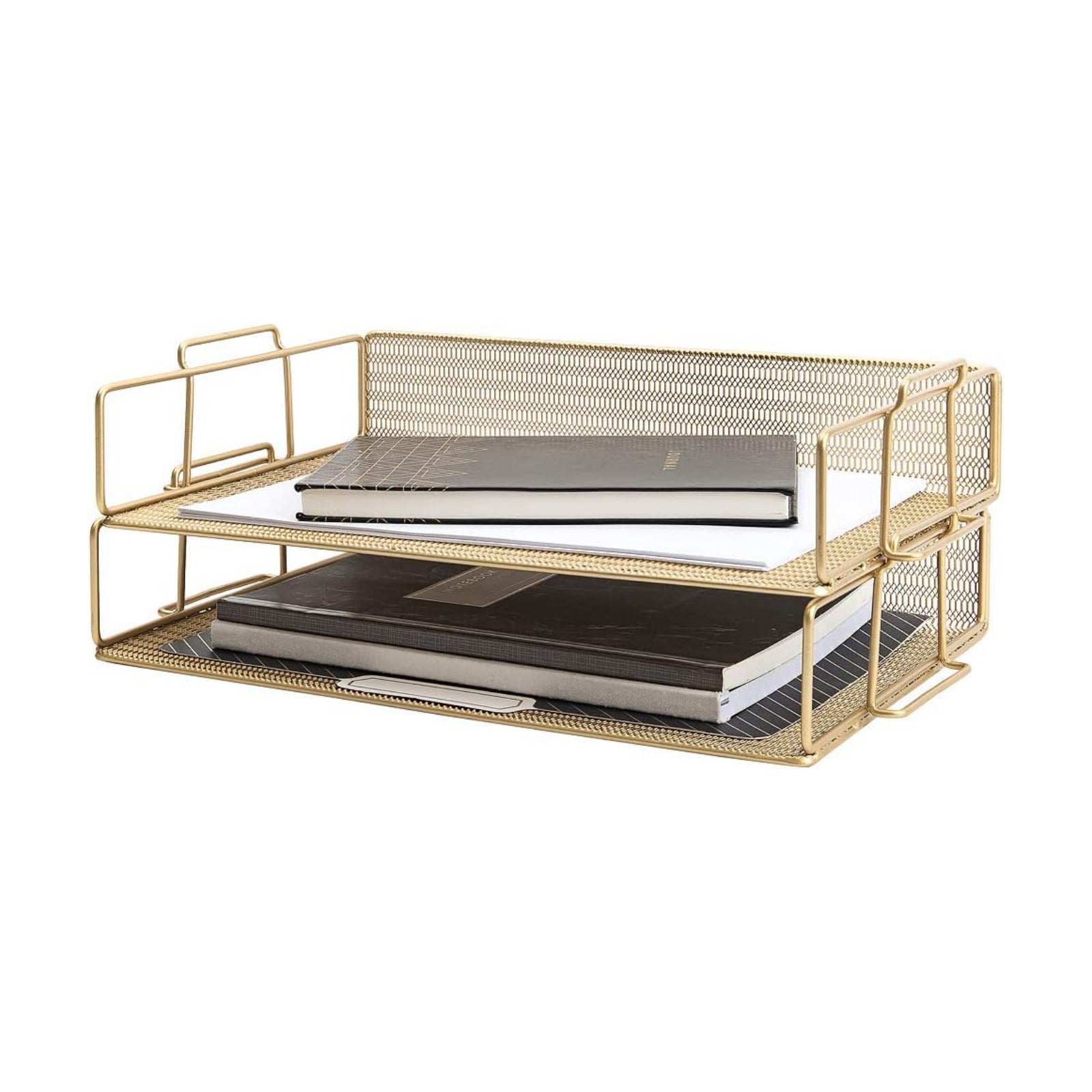 BLU MONACO | Paper Tray Stackable Gold Mesh Set of 2 | Stackable File Trays for Desk Organization | Tiered Desk