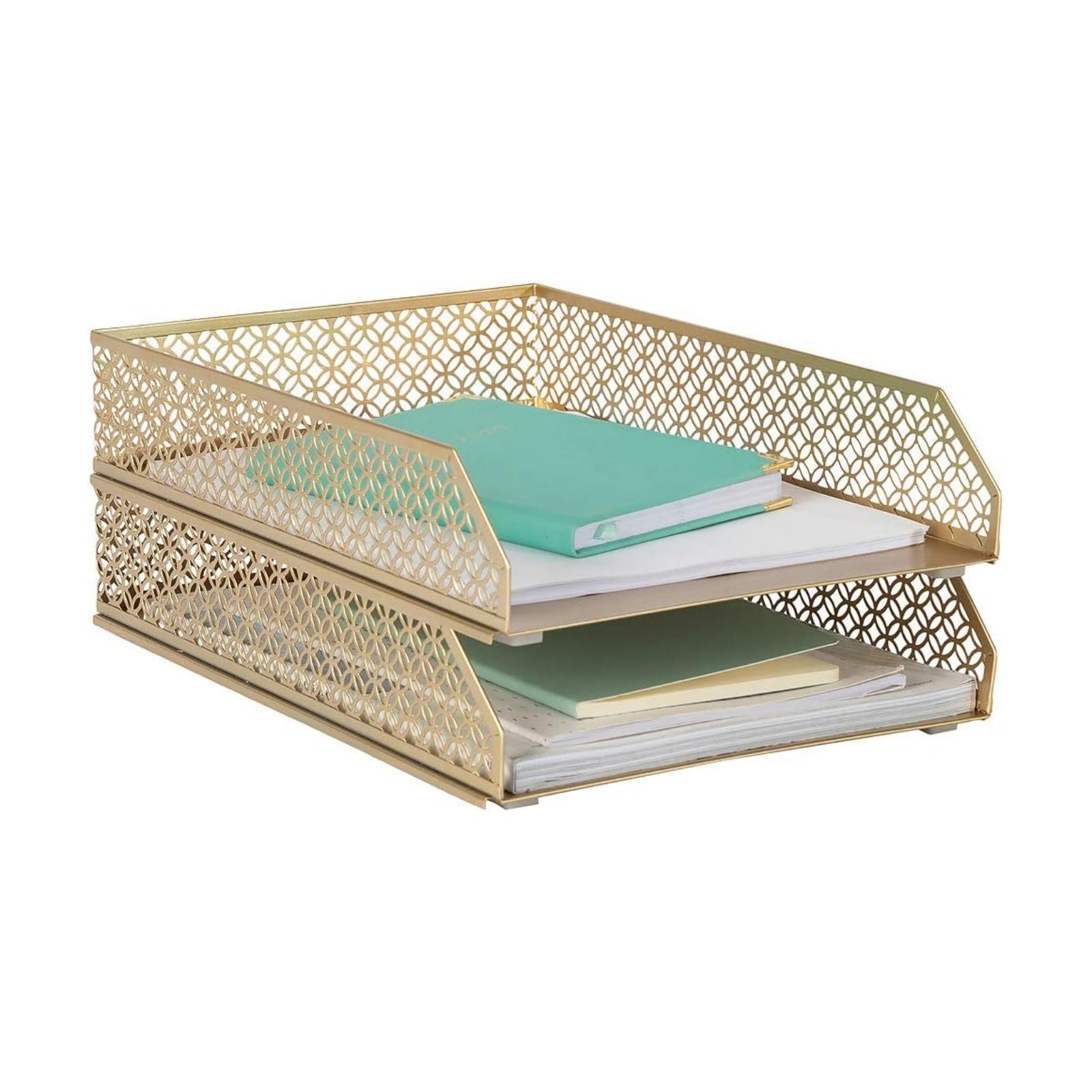BLU MONACO | Paper Tray Stackable Gold Set of 2 | Stackable File Trays for Desk Organization | Tiered Desk Organizer