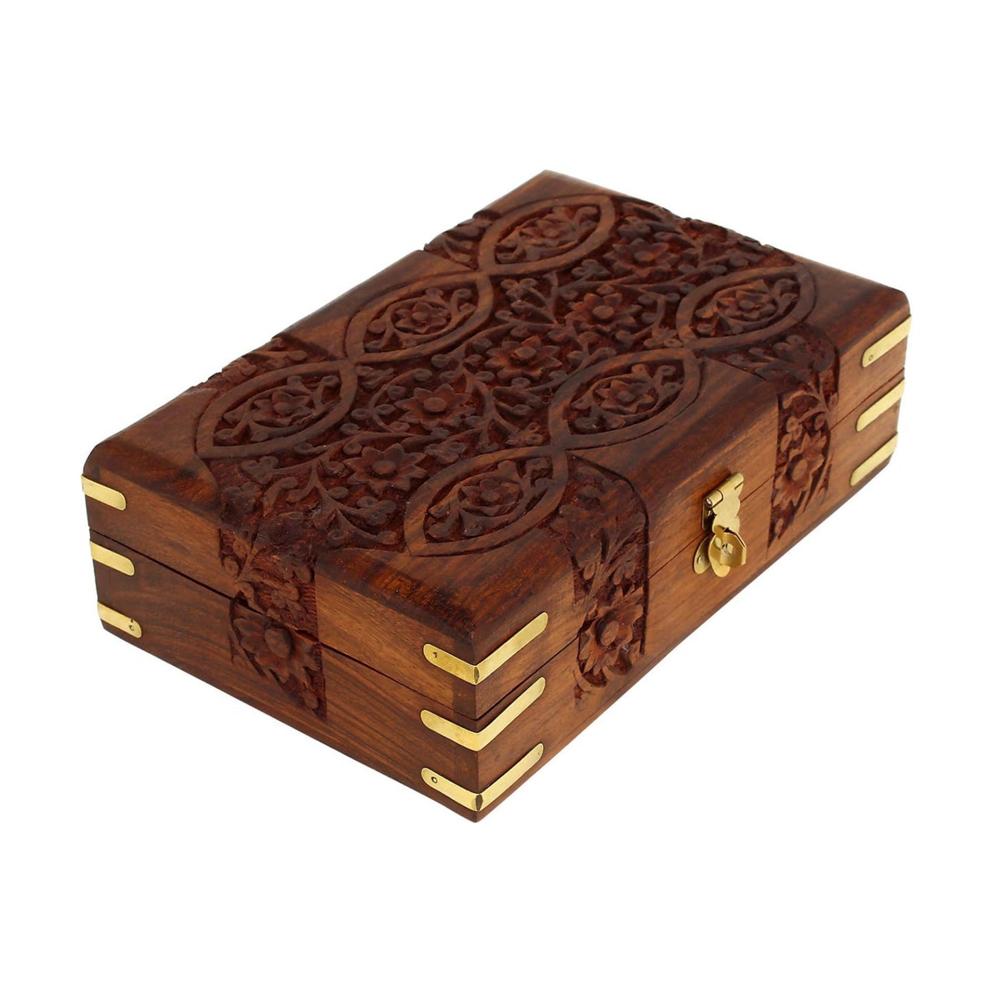 Handcarved Treasure Chest Wooden Decorative Jewelry Storage Box Eye Floral Design / 8 x 5