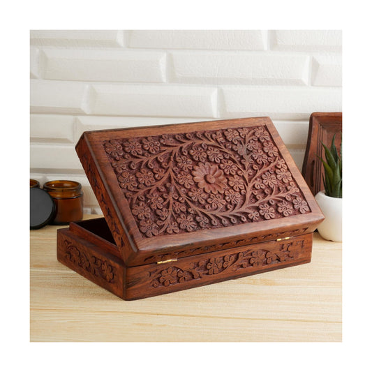 Wooden Handcarved Decorative Jewelry Storage Box Flower Design Multipurpose Treasure Chest / 8 x 5