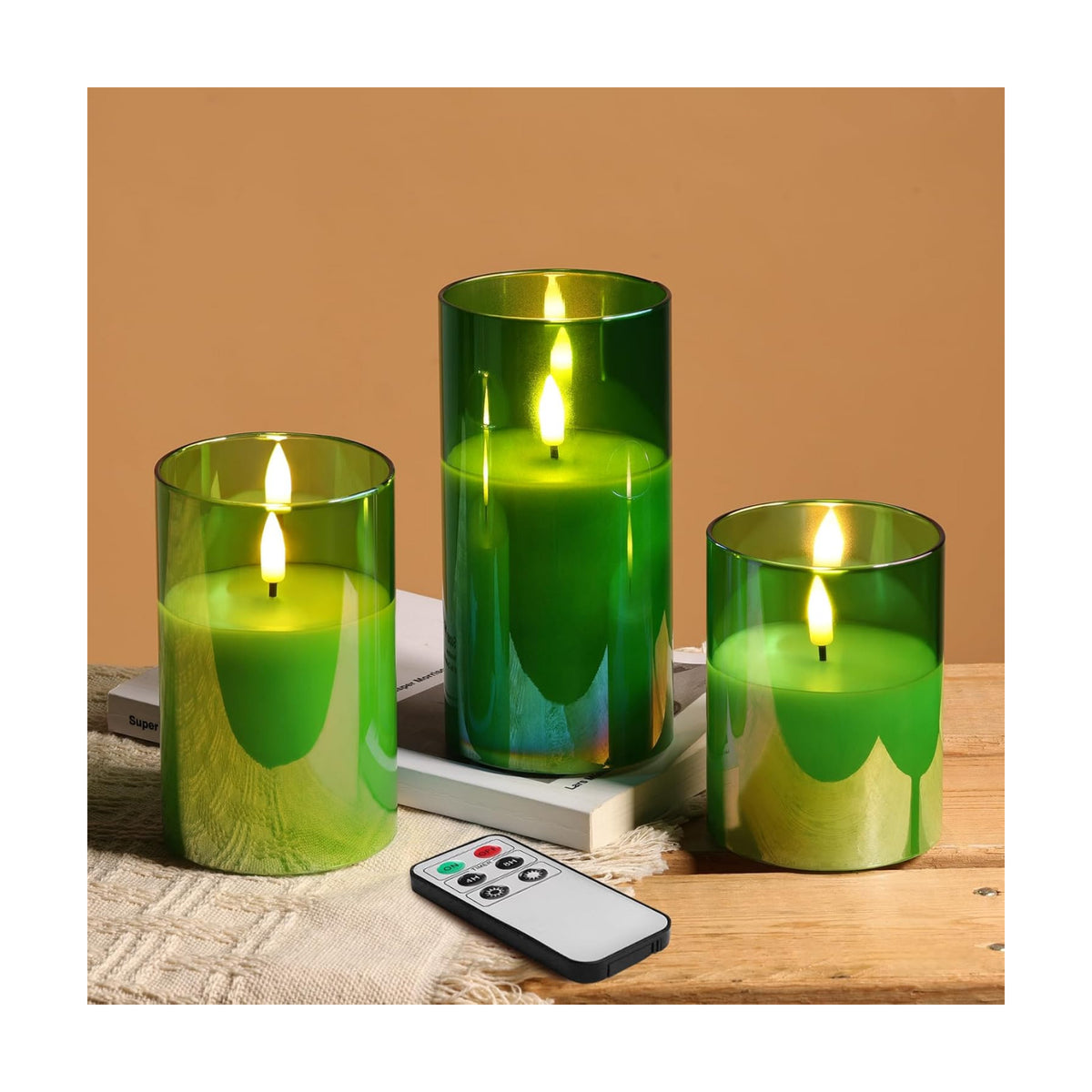 Eywamage Green Glass Flameless Pillar Candles with Remote, Flickering Spring Battery LED Candles Holiday Decor Set of 3