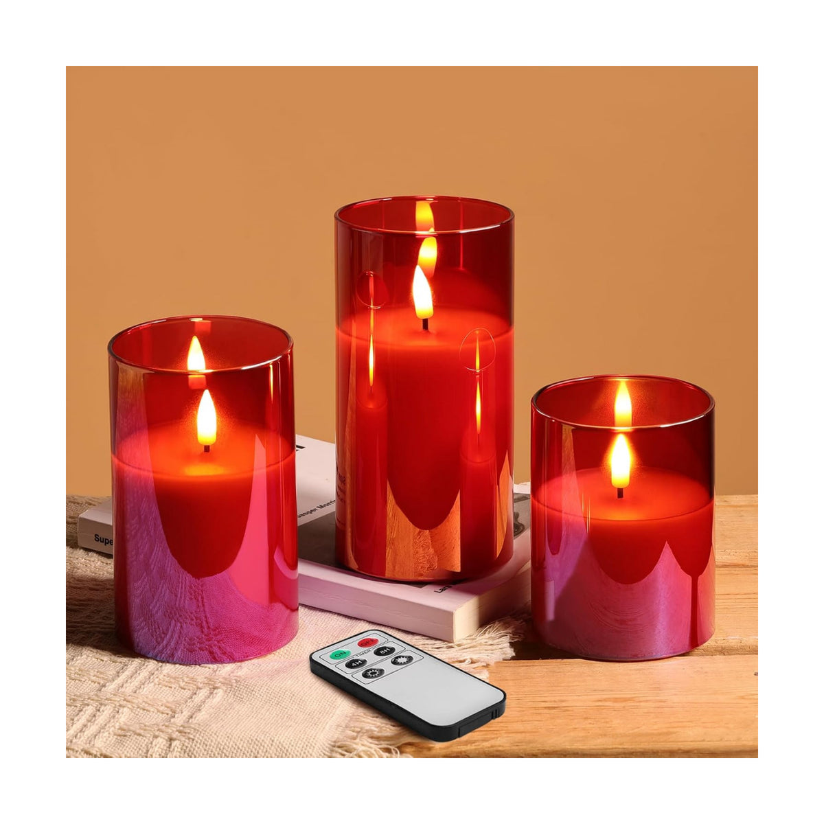 Eywamage Red Glass Flameless Pillar Candles with Remote, Flickering Christmas Battery LED Candles Holiday Decor Set of 3