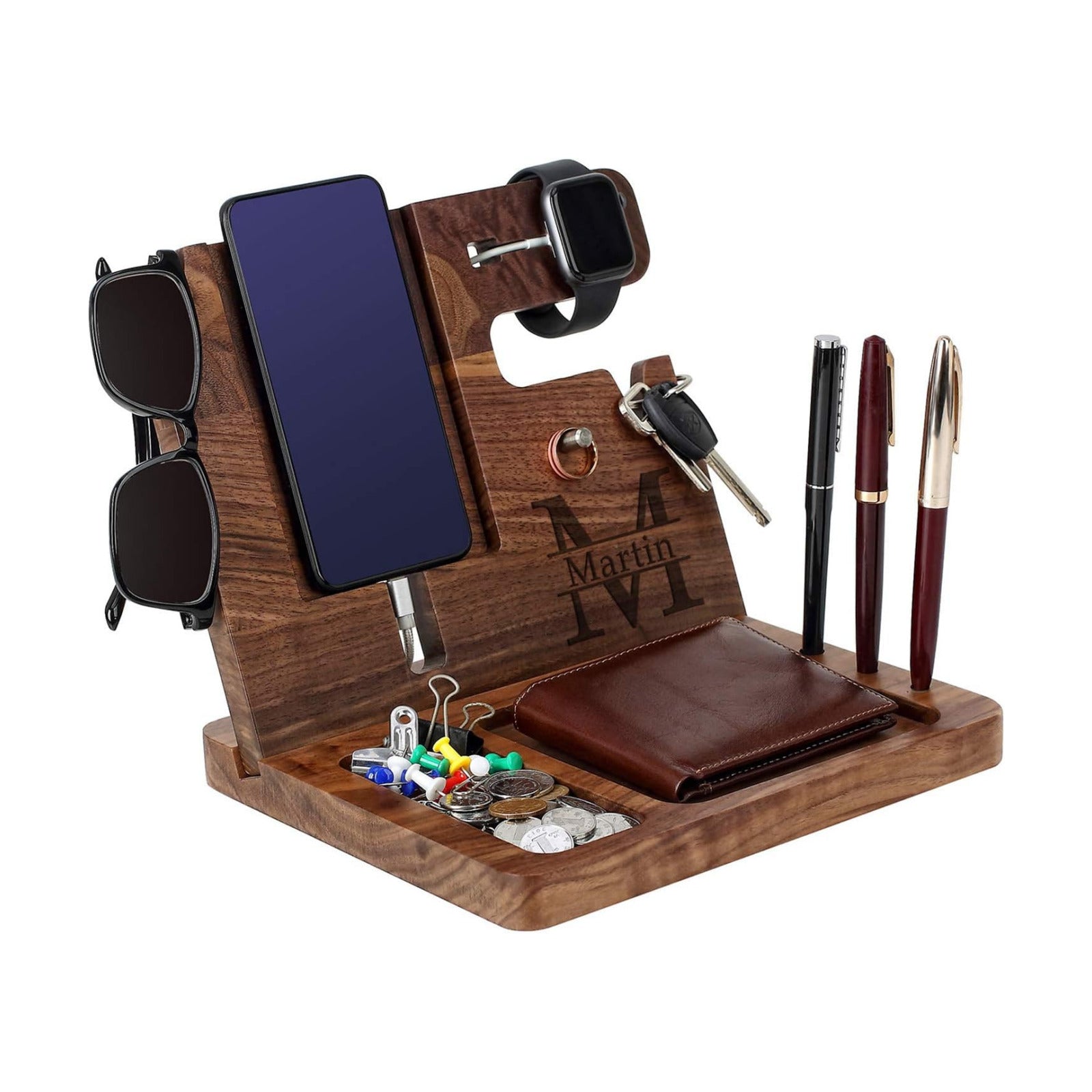 awofer Gifts for Men - Ebony Wood Phone Docking Station - Nightstand with Key Holder, Wallet Stand and Watch Organizer