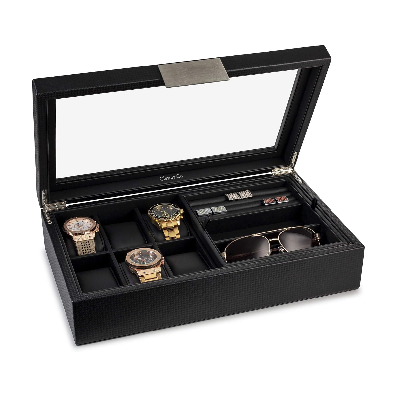 Glenor Co Valet Jewelry Box for Men - Holds 6 Watches, 12 cufflinks, 2 Sunglasses & Tray Storage - Mens Watch Case