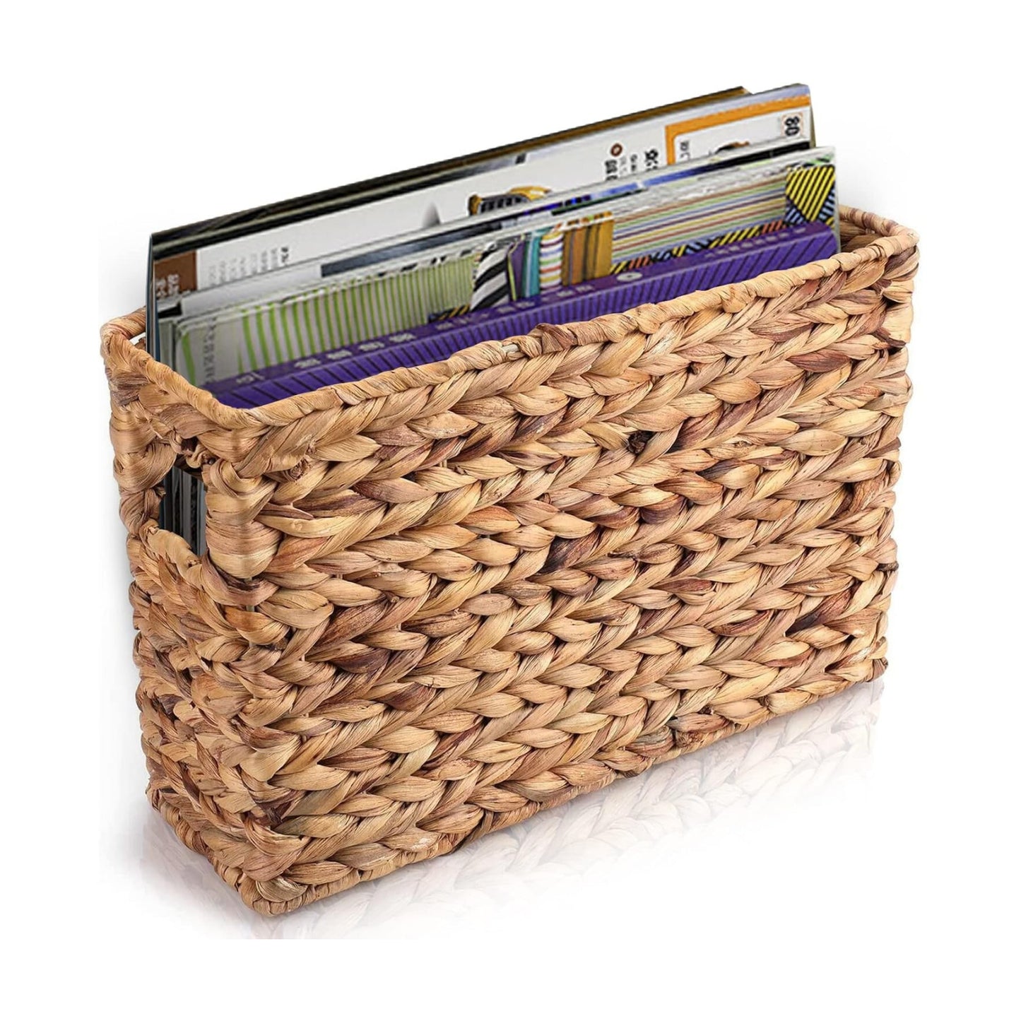 Yesland Hand-Woven Narrow Water Hyacinth Holder Wicker Basket, 15.5 x 5.5 x 9.75 Inch Decorative Magazine Storage