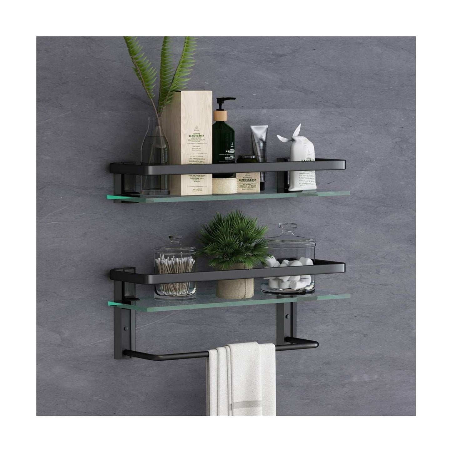 Glass Bathroom Shelf with Towel Bar 15.7in Bathroom Wall Shelves Rustproof Metal Bathroom Wall Organizer 2-Tier (Black)