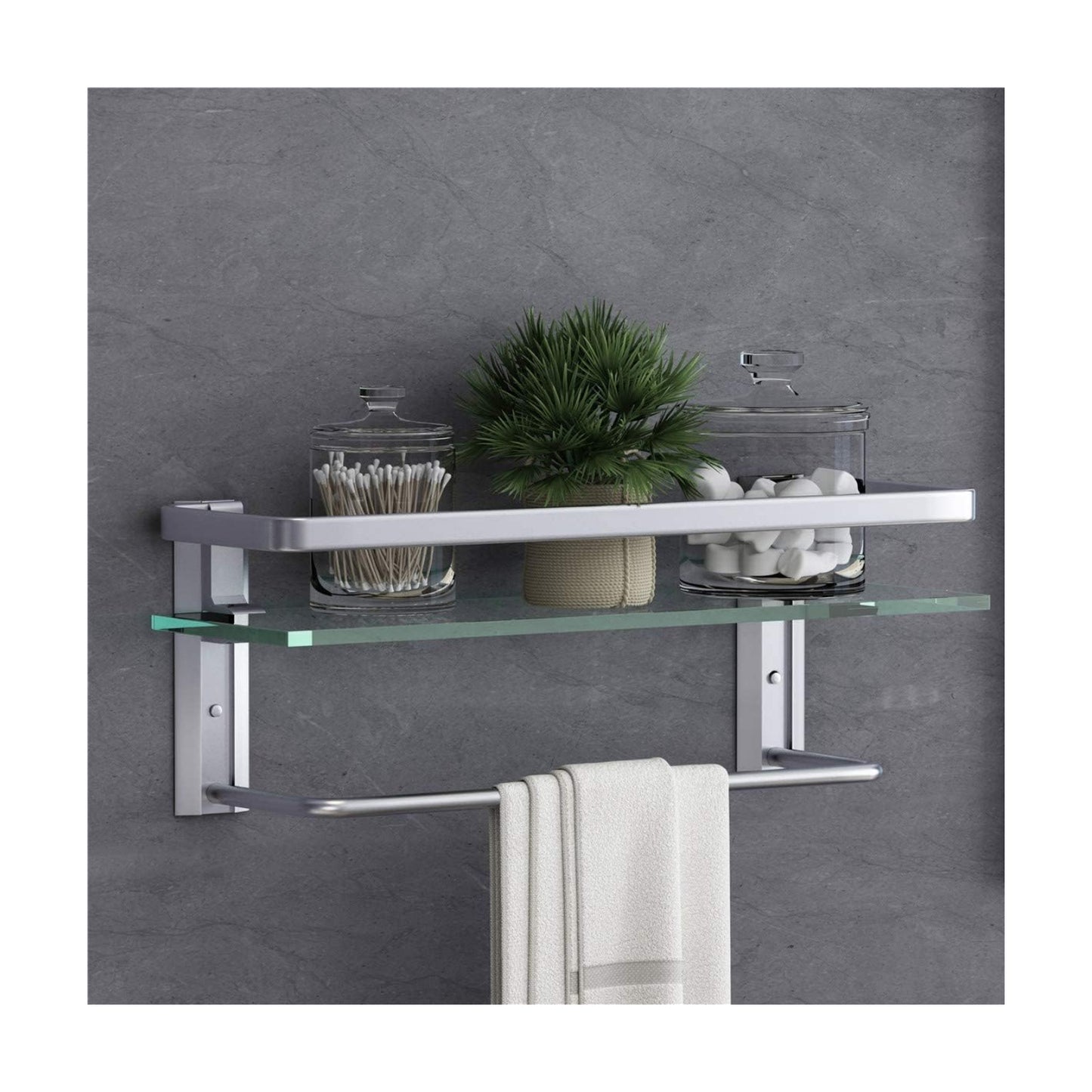 Glass Shelf with Towel Bar 15.7in Silver Bathroom Shelf Wall Mount Rustproof Bathroom Wall Organizer 1 Tier (Silver)