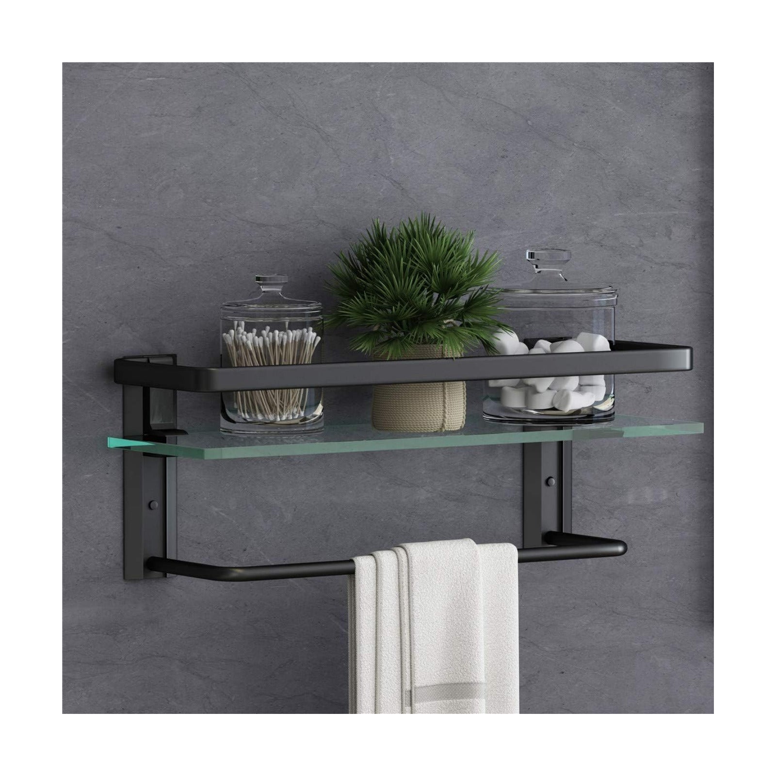 Bathroom Glass Shelf with Towel Bar Black Bathroom Shelf Wall Mount Rustproof Bathroom Wall Organizer Towel Rails1 Tier