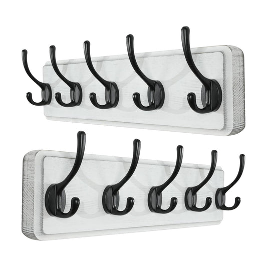 SKOLOO Rustic Wall Mounted Coat Rack, 16 inches Hole to Hole, Case of 2, Pine Solid Wood Coat Hook Hanger - 5 Hooks for