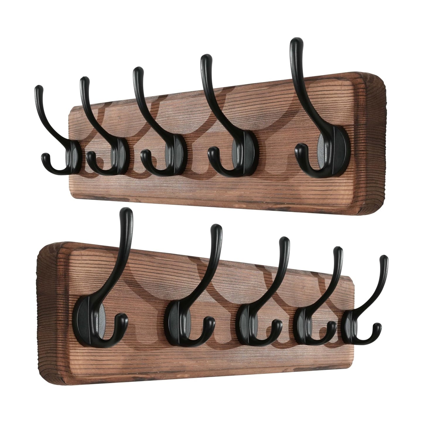 SKOLOO Rustic Wall Mounted Coat Rack, Case of 2, Pine Solid Wood Coat Hook Hanger - 5 Hooks for Hanging Clothes Robes
