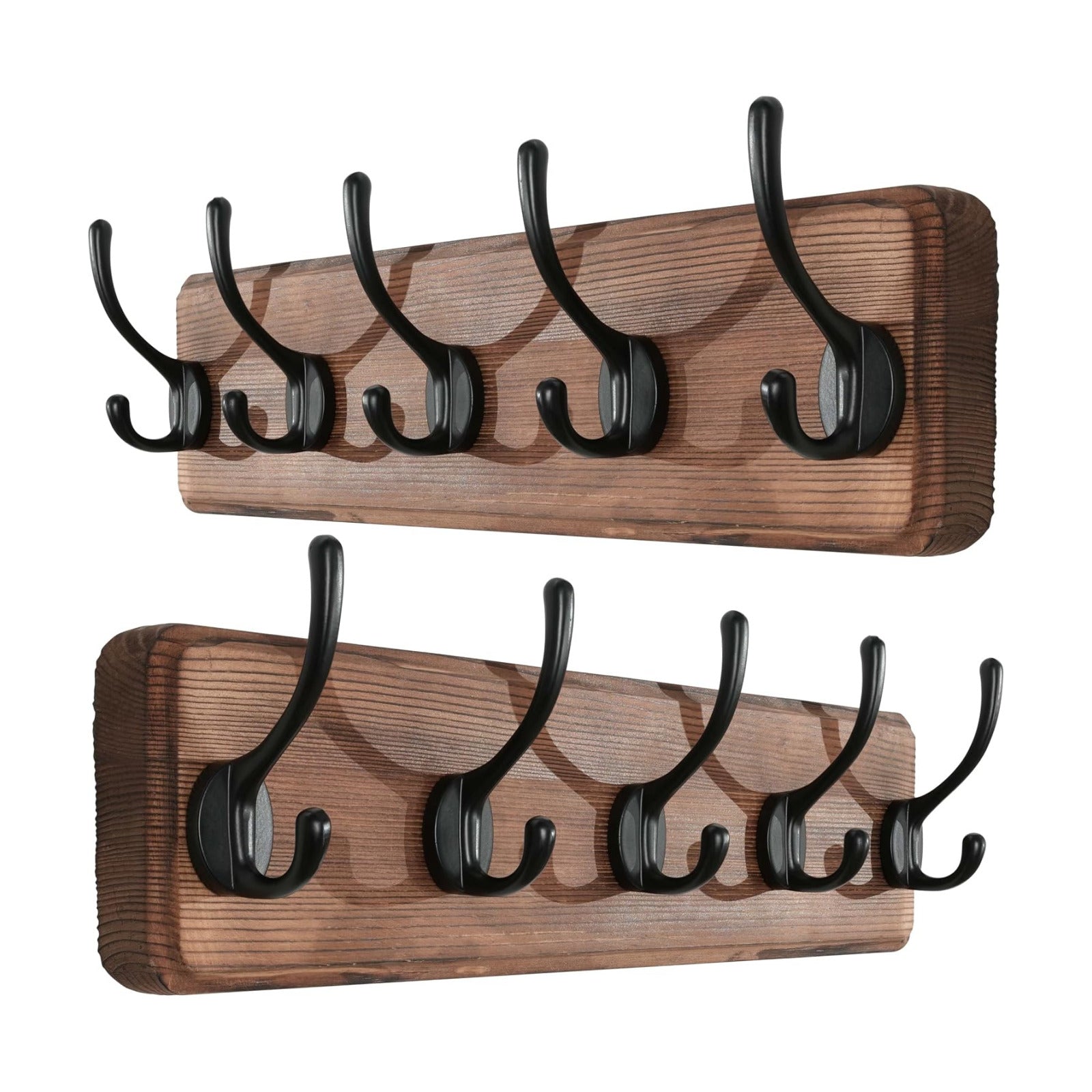 SKOLOO Rustic Wall Mounted Coat Rack, Case of 2, Pine Solid Wood Coat Hook Hanger - 5 Hooks for Hanging Clothes Robes