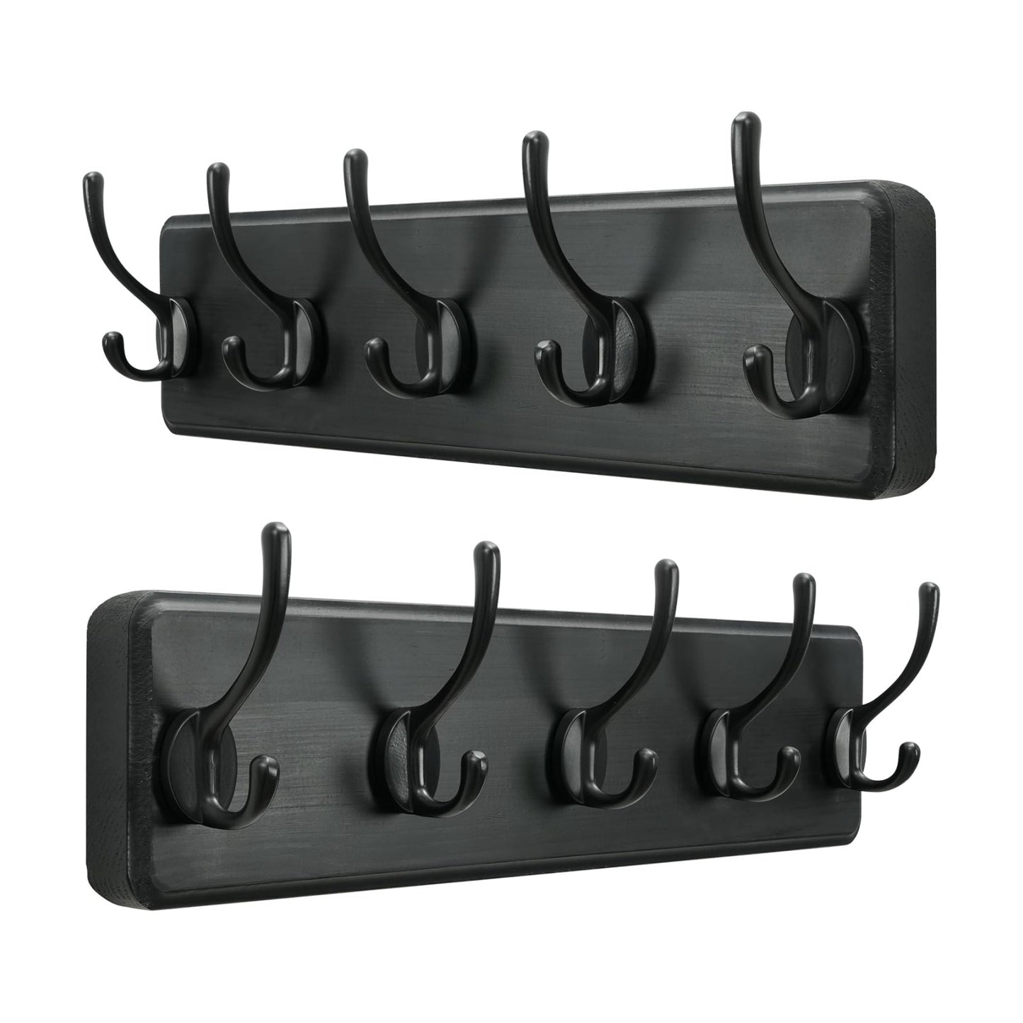 SKOLOO Rustic Wall Mounted Coat Rack, Case of 2, Pine Solid Wood Coat Hook Hanger - 5 Hooks for Hanging Clothes Robes