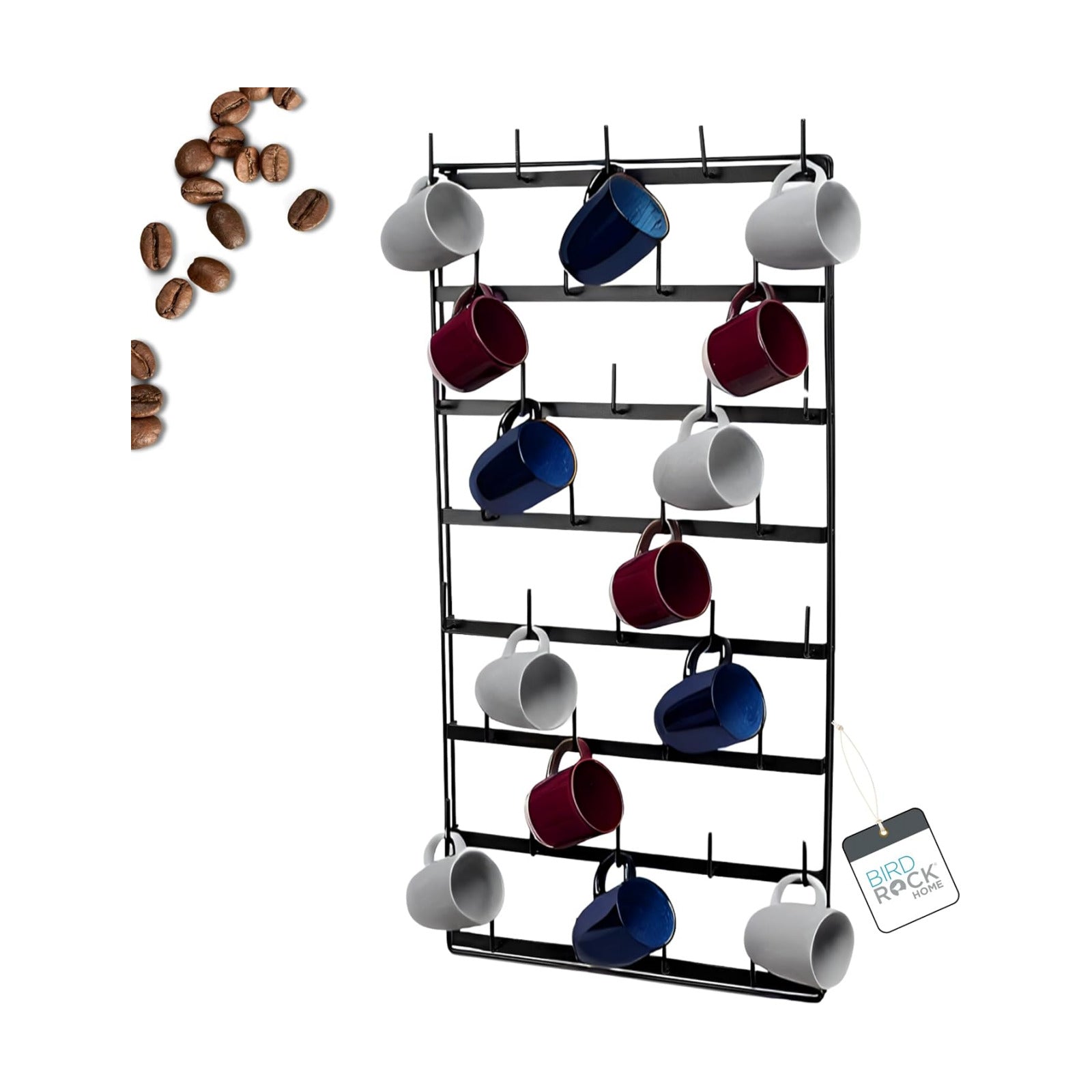 BIRDROCK HOME 36 Peg Coffee Mug Organizer Wall - 8 Tier Wall Mounted Coffee Mug Holder - Tea Cup Display Shelf Wall