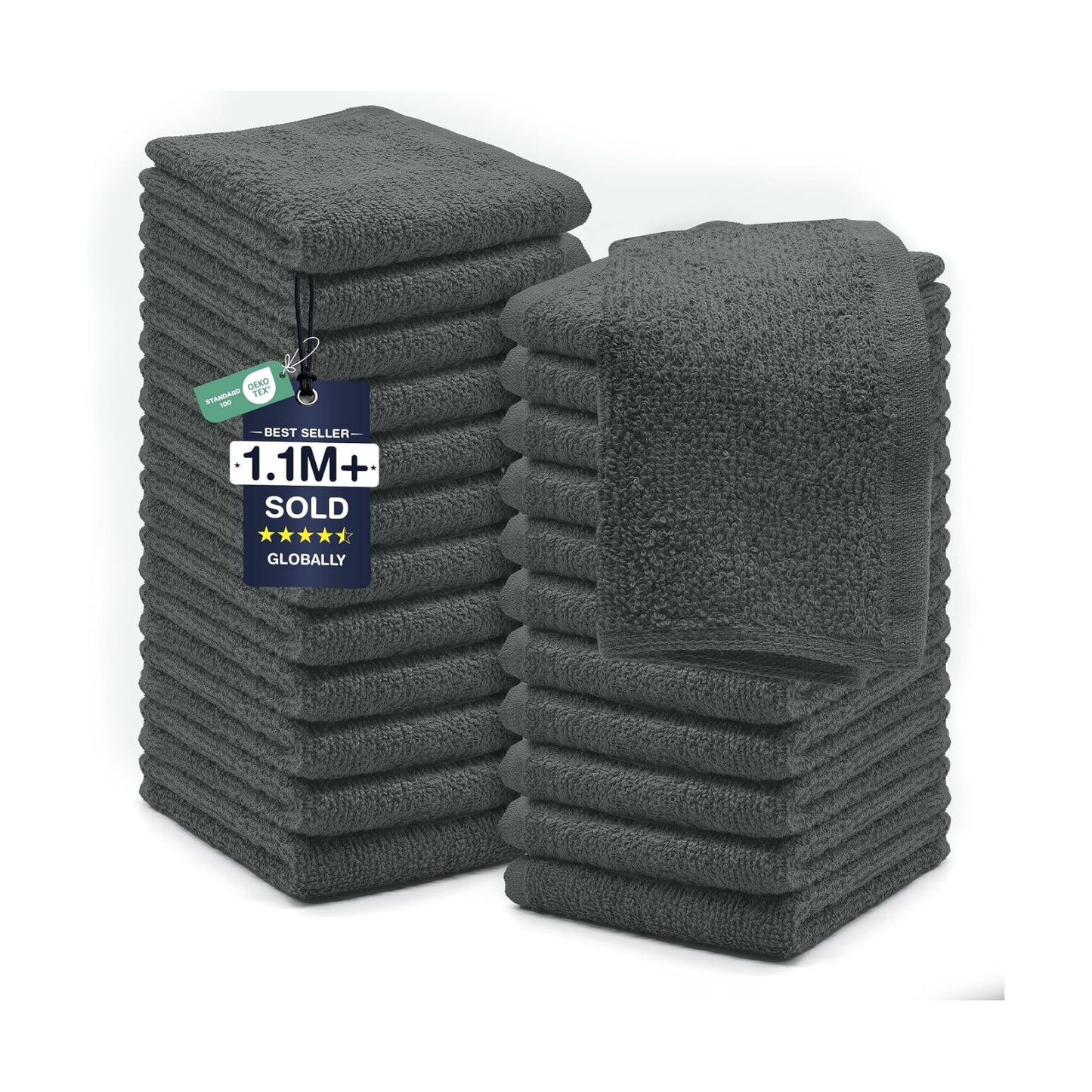 DAN RIVER 24 Pack Cotton Wash Cloths Set for Showering [12x12] Gray | Lighter Weight, Quick to Dry, Super Soft &